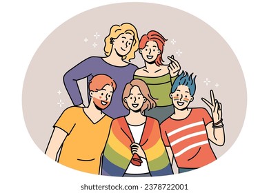 Smiling people with LGBT flag posing together showing unity and support. Happy homosexual men and women pose on pride parade. Vector illustration.