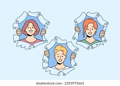 Smiling people look out of paper holes. Happy men and women faces stare at camera from torn holes. Vector illustration. 