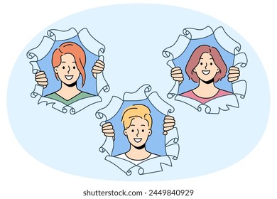 Smiling people look out of paper holes. Happy men and women faces stare at camera from torn holes. Vector illustration.