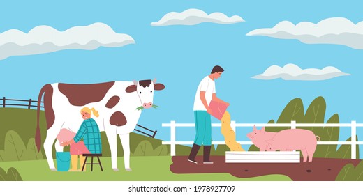 Smiling people milking cow and feeding pigs on farm flat vector illustration