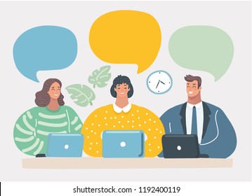 Smiling people with notebooks are discussing and brainstorming. Business team is working together. Communication with blank speech bubbles. Vector cartoon illustration in modern concept Smiling people with notebooks are discussing and brainstorming. Business team is working together. Communication with blank speech bubbles. Vector cartoon illustration in modern concept
