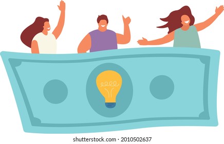 smiling people and a paper banknote with a light bulb depicted on it as a symbol of an idea