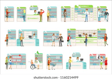 Smiling People In Pharmacy Choosing And Buying Drugs And Cosmetics Collection Of Drugstore Scenes With Pharmacists And Clients