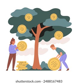 Smiling people picking coins from the money tree. Concept of prosperity business, profit generation. Vector illustration.