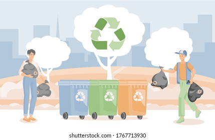 Smiling people putting garbage in containers vector flat illustration. Men practicing garbage collection, sorting, and recycling. Eco-friendly lifestyle, environmental protection concept.