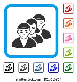 Smiling People Queue vector pictogram. Person face has happiness emotion. Black, gray, green, blue, red, orange color versions of people queue symbol in a rounded frame.