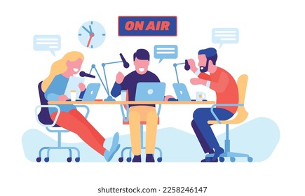 Smiling people recording audio podcast. Online show. Radio host interviewing guest. Voice broadcasting studio. Men and woman sitting at table. Interview live streaming