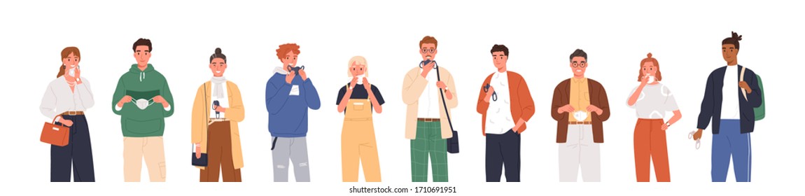 Smiling people remove face masks isolated on white background. End of coronavirus epidemic. Quarantine is over. Happy men and women taking off medical masks. Vector illustration in flat cartoon style.