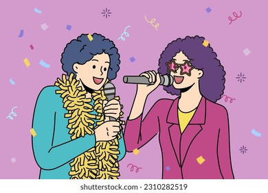 Smiling people in retro costumes sing in microphones enjoy party or celebration. Happy friends have fun in karaoke on new year night. Vector illustration. 