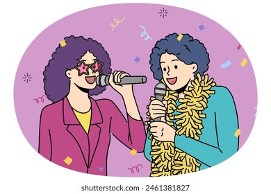 Smiling people in retro costumes sing in microphones enjoy party or celebration. Happy friends have fun in karaoke on new year night. Vector illustration.
