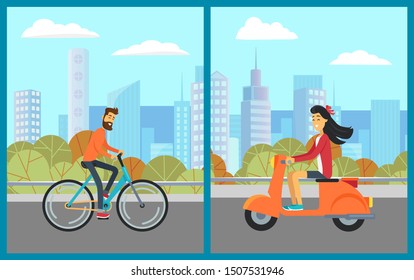 Smiling people riding urban transport in downtown, skyscraper and tree view. Man on bicycle, woman on scooter going by road in city, building. Vector illustration in flat cartoon style