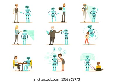 Smiling People And Robot Assistant, Set Of Characters And Service Android Companion
