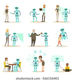 Gente Sonriente Y Asistente De Robot, Conjunto De Caracteres Y Servicio Android Companion