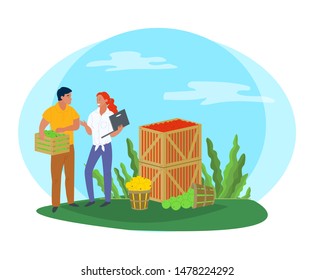 Smiling people selling apples, local product. Harvesting and picking apples in wooden containers, green trees, rustic product, business and laptop vector. Pick apples concept. Flat cartoon