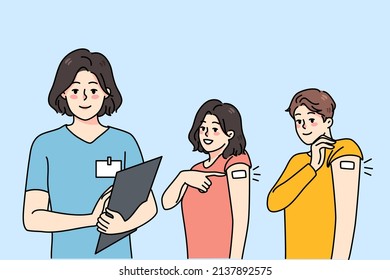 Smiling people show arm with bandage after vaccination. Stop corona virus promo campaign. Doctor vaccinate employee against covid-19. Coronavirus protection. Vector illustration. 