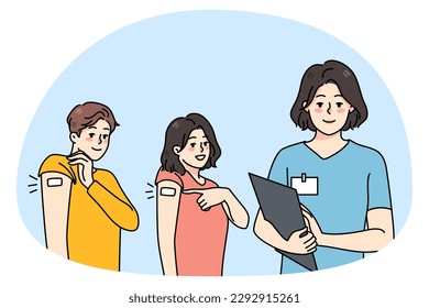 Smiling people show arm with bandage after vaccination. Stop corona virus promo campaign. Doctor vaccinate employee against covid-19. Coronavirus protection. Vector illustration.