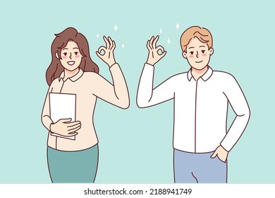 Smiling people showing ok sign with hands. Happy man and woman demonstrate approval gesture, say all right. Vector illustration. 