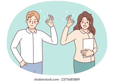 Smiling people showing ok sign with hands. Happy man and woman demonstrate approval gesture, say all right. Vector illustration.