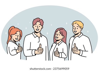 Smiling people showing thumbs up give recommendation to service. Happy team recommend good quality course or work. Employment concept. Vector illustration.