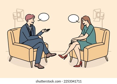 Smiling people sitting in chairs in studio filming TV program. Happy interviewer and interviewee have discussion shooting live broadcast. Vector illustration. 