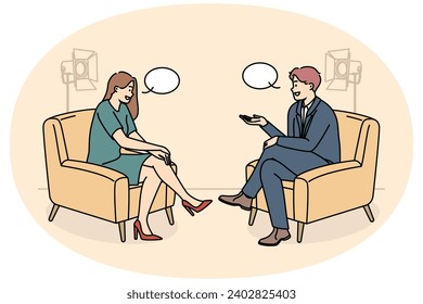 Smiling people sitting in chairs in studio filming TV program. Happy interviewer and interviewee have discussion shooting live broadcast. Vector illustration.