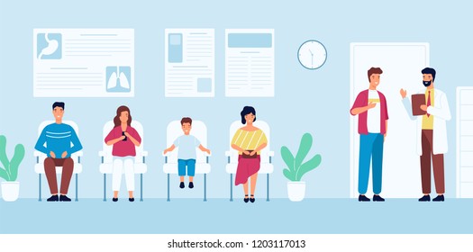 Smiling people sitting in chairs and waiting for doctor's appointment time at hospital. Men and women at physician's office or clinic. Colorful vector illustration in modern flat cartoon style.