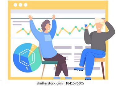 Smiling people sitting and playing the game. Chemical research statistics on the poster on background. Men communicating. Guy is happy and raises his hands up. The man thinks over the next move