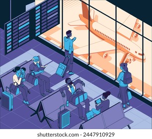 Smiling people sitting and standing in airport arrival waiting room or departure lounge with chairs and information panels. Terminal Isometric vector illustration