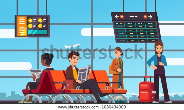 Smiling\
people sitting and standing in airport arrival waiting room or\
departure lounge with chairs and information panels. Terminal hall\
with big airport window. Flat vector\
illustration