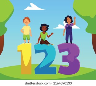 Smiling people sitting and standing on colorful numbers flat style, vector illustration. Preschool learning to count, mathematic and arithmetic, kid study number concept