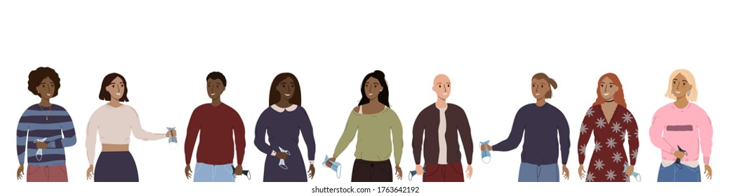 Smiling people taking off face masks isolated on white background. Set of happy people without masks. End of coronavirus epidemic. Quarantine is over. Happy people taking off medical masks.
