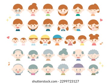Smiling people of various ages. Facial expression icon set. Vector illustration. White background.