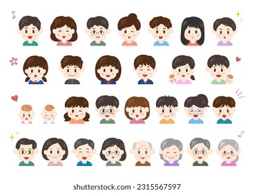 Smiling people of various ages. Facial expression icon set. Vector illustration. White background.