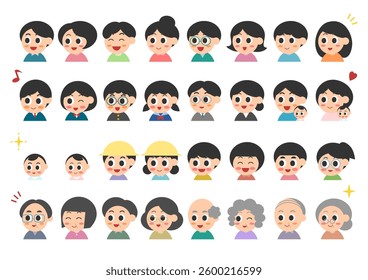 Smiling people of various ages. Facial expression icon set. Vector illustration. White background.
