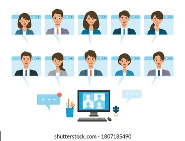 Smiling People In Virtual Window Frames. Vector Illustration Of People Having Communication Via Telecommuting System. Flat Design Vector Illustration Of Teleworking People.