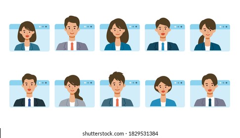 Smiling people in virtual window frames. Vector illustration of people having communication via telecommuting system. Flat design vector illustration of teleworking people.
