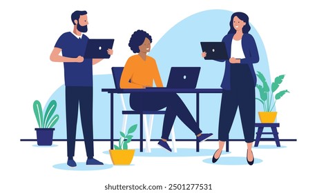 Smiling people working on computers - Small team of three businesspeople holding laptops working, talking and having conversation at work in office. Flat design vector illustration