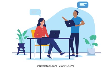 Smiling people working and talking together - Two people at work in office having conversation at desk while holding laptop computers, Flat design vector illustration with white background