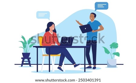 Smiling people working and talking together - Two people at work in office having conversation at desk while holding laptop computers, Flat design vector illustration with white background