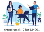 Smiling people working together in office - Small team of three businesspeople using computers, talking and discussing work and business together. Flat design vector illustration with white background