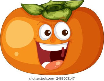 Smiling persimmon with expressive eyes and leaves