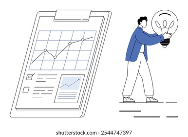 Pessoa sorridente carregando uma lâmpada ao lado de uma área de transferência exibindo um gráfico de linhas e caixas de seleção. Ideal para crescimento empresarial, inovação, rastreamento de progresso, planejamento estratégico e realização de metas
