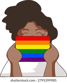 Smiling person holding a rainbow pride flag in front of their face, symbolizing LGBTQ pride, identity, inclusion, and support.