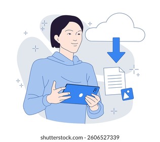 Smiling person holding a tablet with cloud download, file, and media icons around in a minimalist line art style on a white abstract background. Concept of cloud storage. Vector illustration