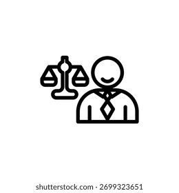 Ícone de pessoa sorridente com gravata está ao lado das escalas de justiça em um estilo de contorno preto minimalista, representando serviços legais ou práticas de negócios éticos para sites e infográficos.