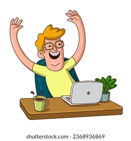 Smiling Person with Laptop and Coffee