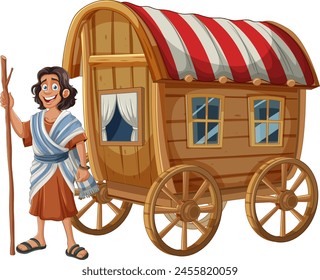 Smiling person standing beside a colorful wooden caravan