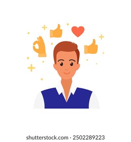 A smiling person surrounded by symbols of approval, including thumbs up, heart, and OK hand gesture, representing positive thinking and affirmation vector illustration.