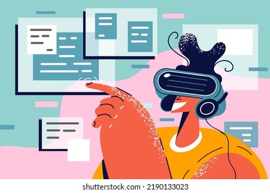 Smiling person in VR glasses explore new modern technologies. Happy user in virtual reality headset enjoy digital surroundings touching with finger. Vector illustration. 