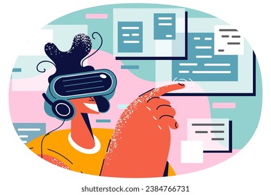 Smiling person in VR glasses explore new modern technologies. Happy user in virtual reality headset enjoy digital surroundings touching with finger. Vector illustration.